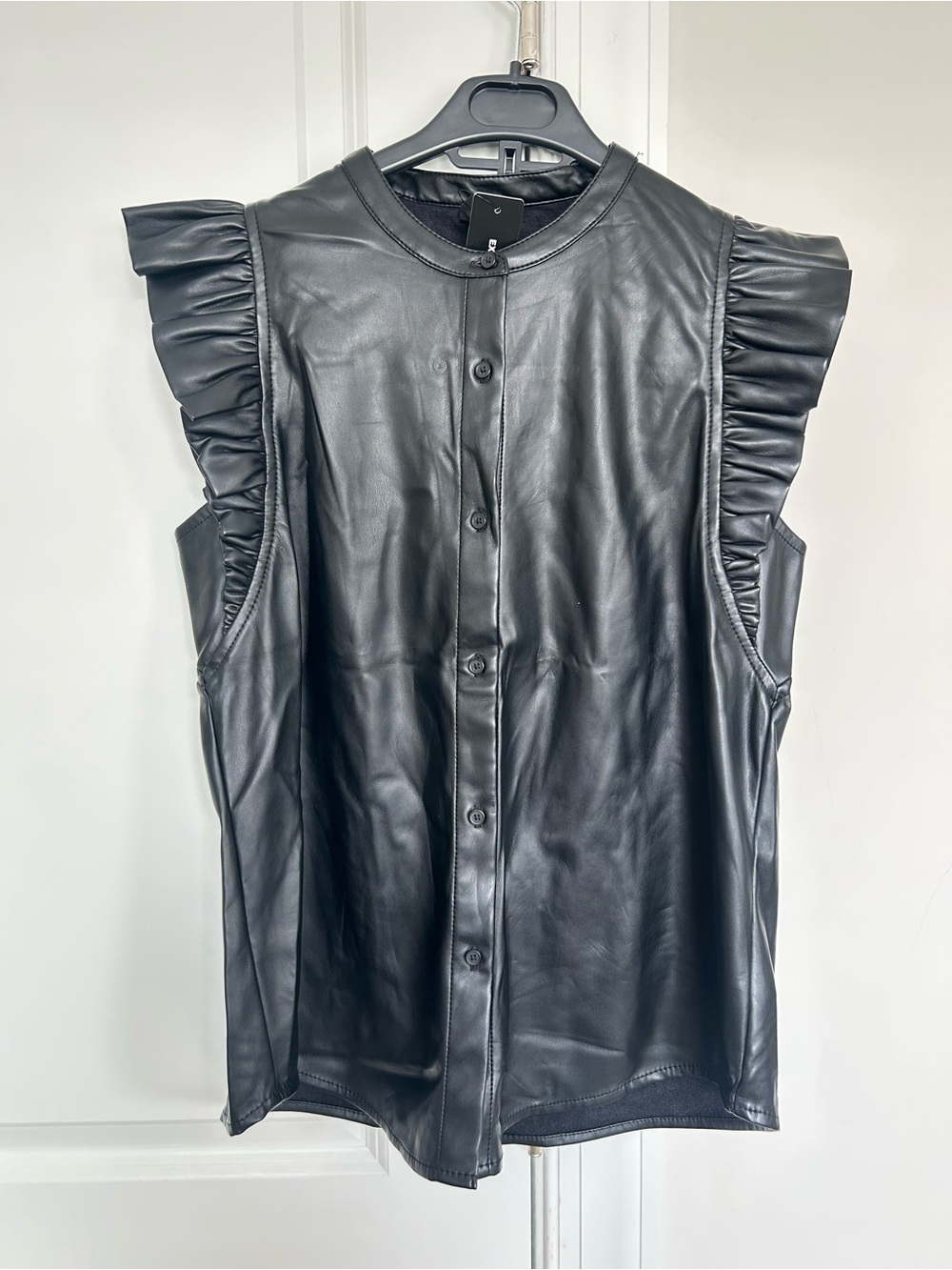 Express Black Faux Leather Ruffle-Trim Button Vest